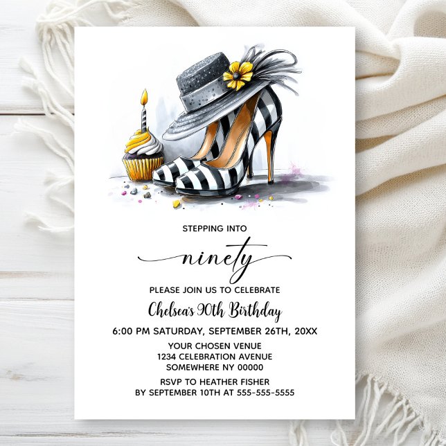 Invitación Stylish Striped High Heel Shoes 90th Birthday (Subido por el creador)