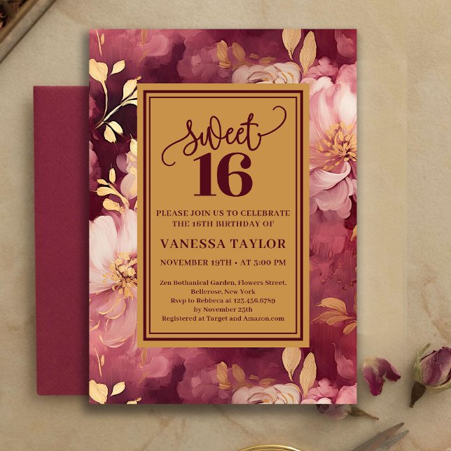 Invitación Stylish Sweet Sixteen Marsala Blush Gold Invite (Stylish Sweet Sixteen Marsala Blush Gold Invite)