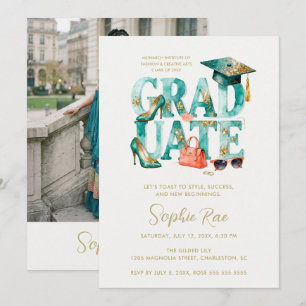 Invitación Stylish Teal Gold Glitter Watercolor Graduate