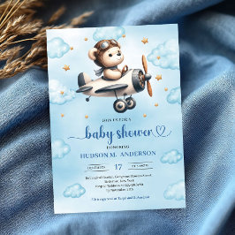Invitación Stylish Teddy Bear Pilot Blue Gold Baby Shower