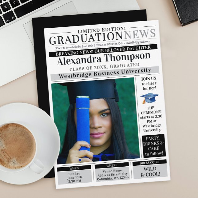 Invitación Stylish Unique Black  Newspaper Graduate Student (Subido por el creador)