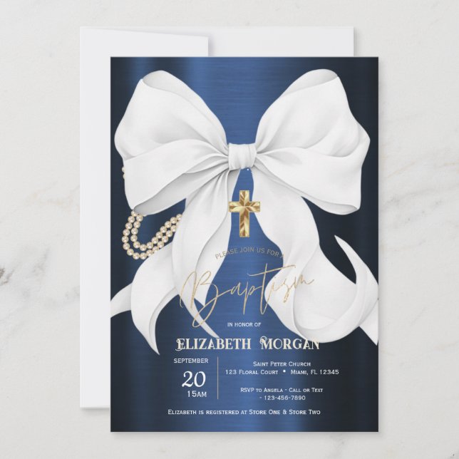 Invitación Stylish White Bow Pearls Navy Blue Metallic (Anverso)
