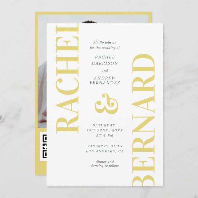 Invitación Stylish Yellow & Green Typography QR Code Wedding (Anverso / Reverso)