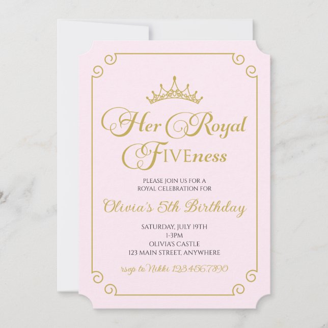 Invitación Su Alteza Real Quinto Cumpleaños Princesa Dorada 5 (Anverso)