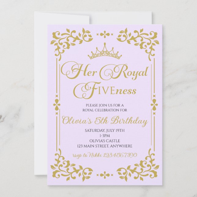 Invitación Su Alteza Real Quinto Cumpleaños Princesa Dorada 5 (Anverso)
