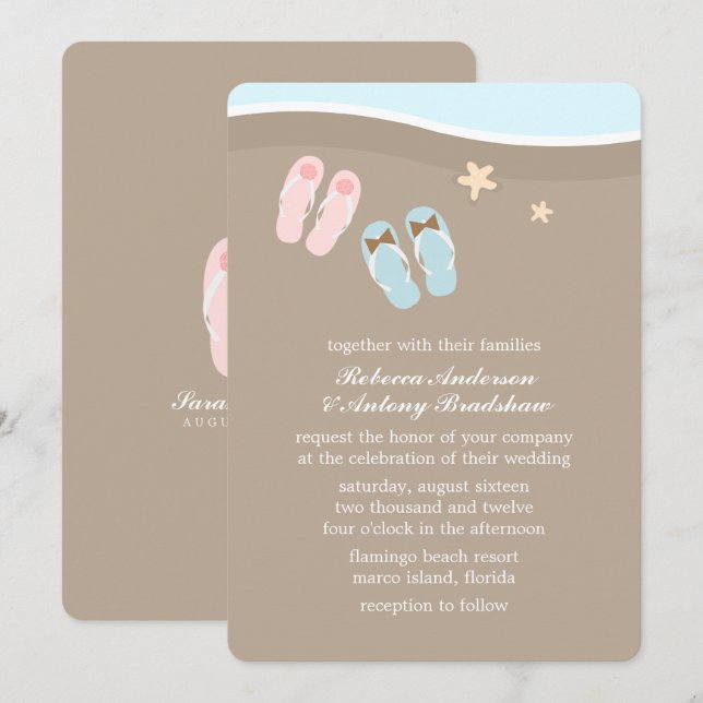 Invitación Su boda de playa con sus sandalias (Anverso / Reverso)
