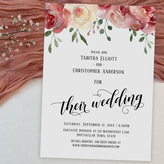Invitación Su caligrafía Boda, Borgoña, Rosas de Rubor (Subido por el creador)