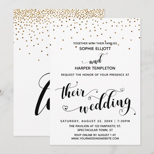Invitación Su caligrafía Boda con Corazones, Confetti de oro (Anverso / Reverso)