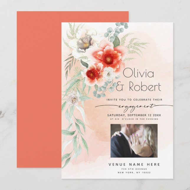 Invitación Su compromiso de acuarela de coral fotográfico (Anverso / Reverso)