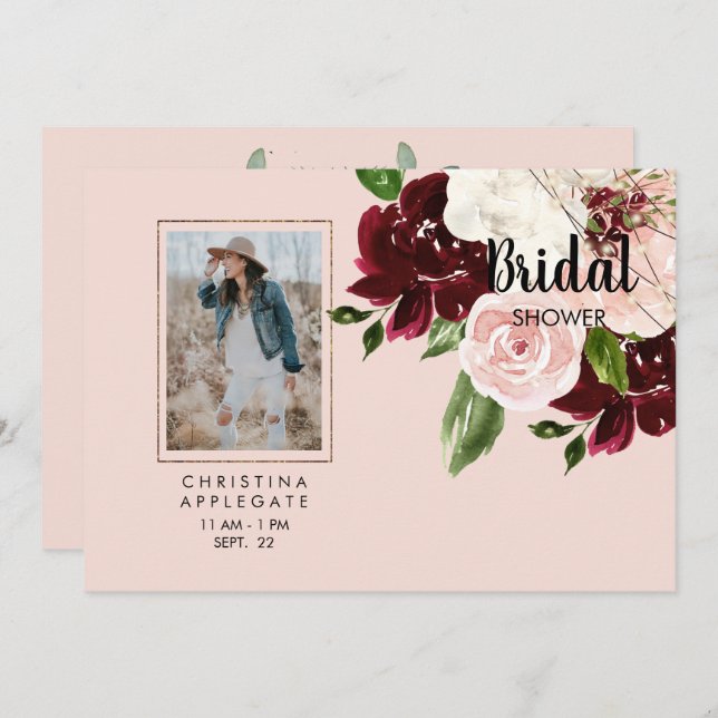 Invitación Su ducha de novia floral fotográfica en Rubor (Anverso / Reverso)