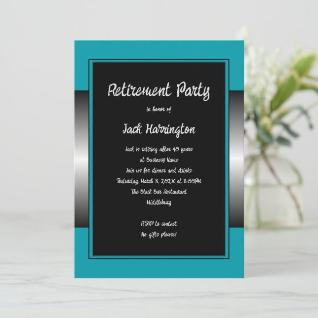 Invitación Su Fiesta de retiro negro Verde azulado moderno (Anverso de pie)