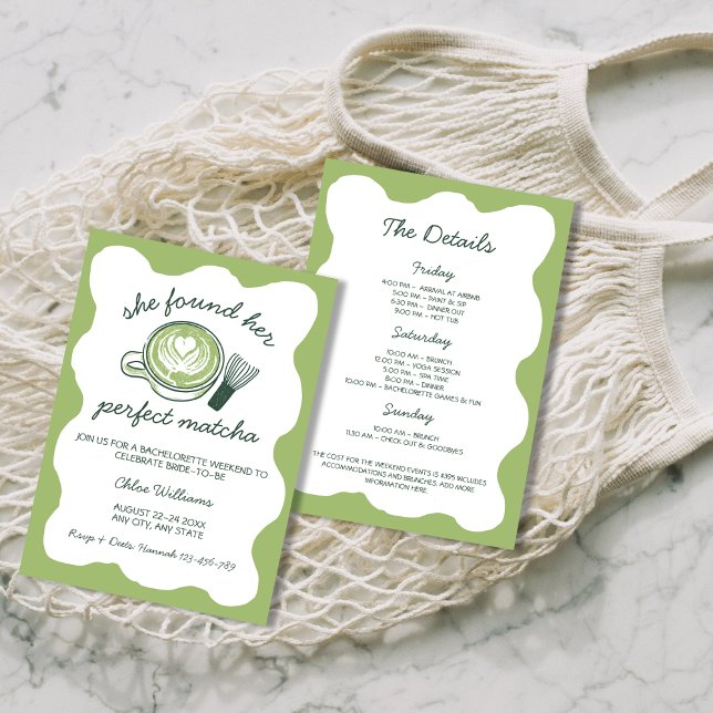 Invitación Su fin de semana de bachillerato de té verde Match (Her Perfect Matcha Green Tea Bachelorette Weekend Invitation)