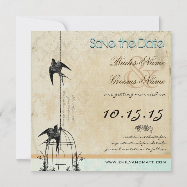 Invitación Su Foto Jaula de Pájaro de Damasco Boda Save the D (Anverso)
