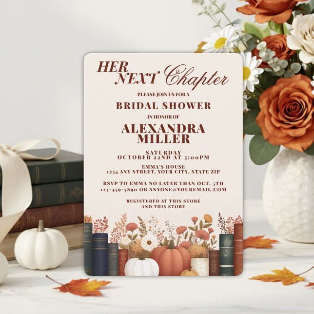 Invitación Su próximo capítulo Tema de libro de calabaza de o (Her Next Chapter Fall Book Themed Bridal Shower)