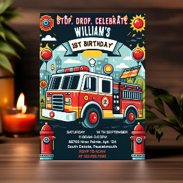 Invitación Su Red Hot Fire Truck Engine Safety 1º cumpleaños