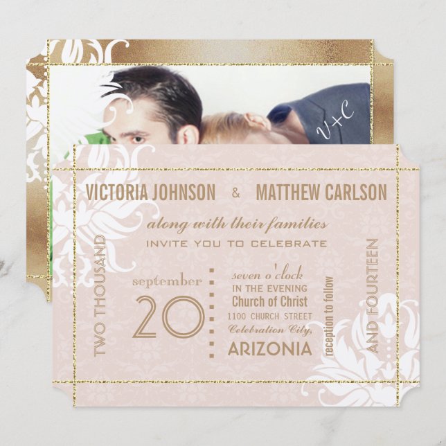 Invitación Su Rosa fotográfico Damask Boda floral (Anverso / Reverso)