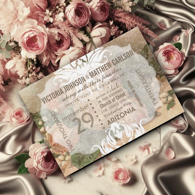 Invitación Su Rosa fotográfico Gold Damask Boda Floral (Subido por el creador)
