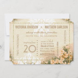 Invitación Su Rosa fotográfico Gold Damask Boda Floral