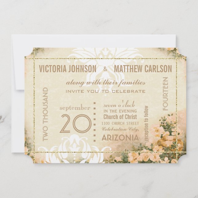 Invitación Su Rosa fotográfico Gold Damask Boda Floral (Anverso)
