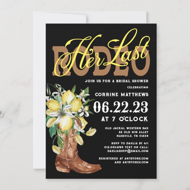 Invitación Su última niña de rodeo bota ducha de novia lemone (Anverso)