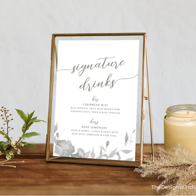 Invitación Su y su firma beben cócteles Poster de Rótulo (Modern Simple Wedding Signature Drinks Sign Minimal Boho Floral Wedding Poster TheDesignsEnchanted)