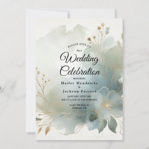 Invitación Suave Azul Polvoriento Dorado Romance Nupcial