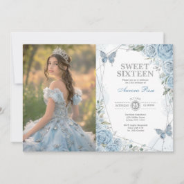 Invitación Suave Blue Silver Sweet 16 Butterfly Fotos de cump