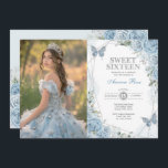 Invitación Suave Blue Silver Sweet 16 Butterfly Fotos de cump<br><div class="desc">¡La invitación perfecta para los dulces 16 de tu hija está por fin aquí! Esta invitación a la moda incluye elegantes rosas azules polvorientos de color agua, mariposas dulces y marcos geométricos modernos de plata. Haga clic en el botón "personalizar adicional" si desea reorganizar y formatear el estilo y la...</div>