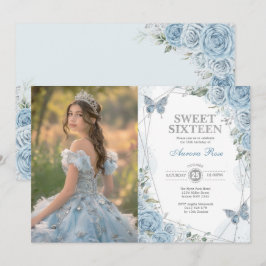 Invitación Suave Blue Silver Sweet 16 Butterfly Fotos de cump
