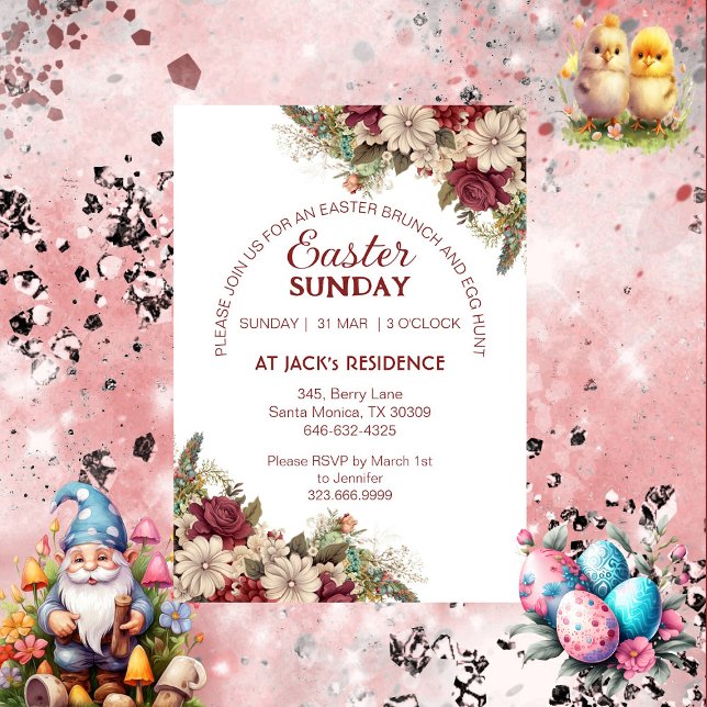 Invitación Suave Burgundy Rústico Rosas Floral Domingo de Pas (Soft Burgundy Rustic Roses Floral Easter Sunday Invitation)