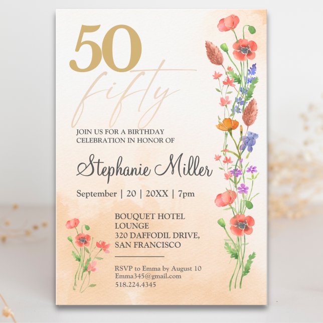 Invitación Suave Cumpleaños 50 de Flor Silvestre Para Ella (Subido por el creador)