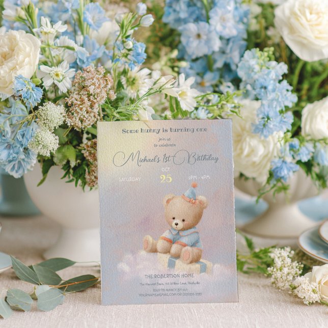 Invitación Suave Cute Teddy Bear Primer Cumpleaños (Subido por el creador)