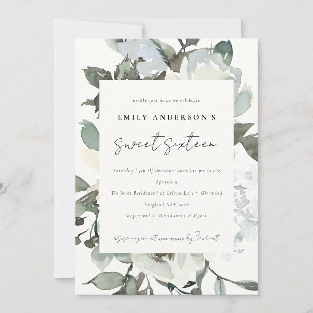 INVITACIÓN SUAVE DE FLORAL BLANCO DE MARFIL BLANCO 16 CUMPLEA (Anverso)