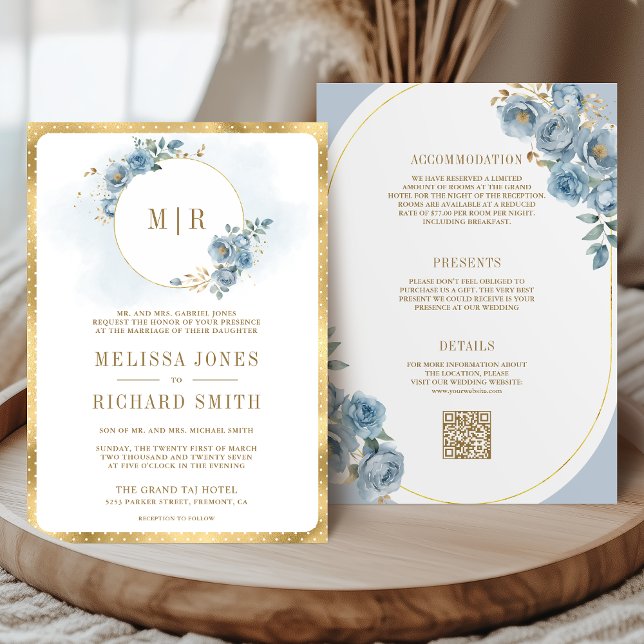 Invitación Suave dorado floral azul en un solo Boda (Subido por el creador)