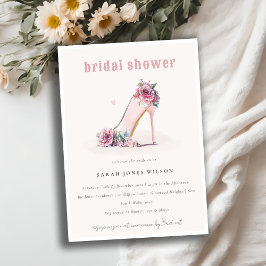 Invitación Suave ducha de novia floral de tacones altos rosad