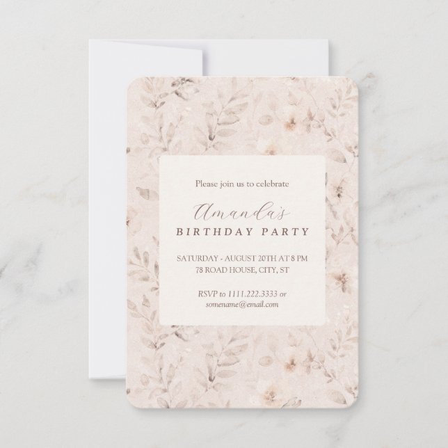 Invitación suave en beige neutral con flores de ac (Anverso)