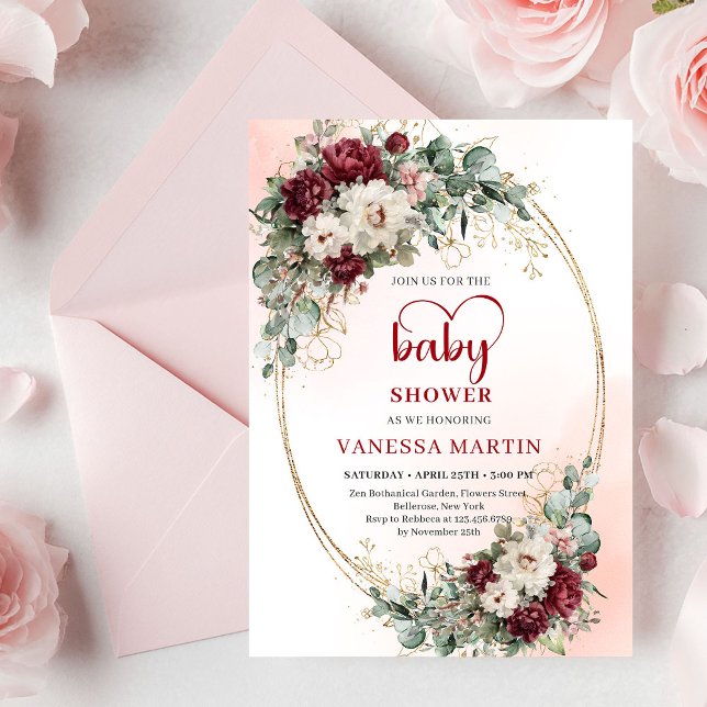 Invitación suave floral de Marsala para baby showe (Soft Marsala Floral Baby Shower Invitation)