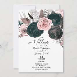 Invitación Suave Floral de Verde con Rosa y Negro Boda Blanca