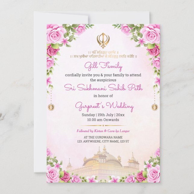 Invitación suave floral rosa para el Sukhmani Sahi (Anverso)