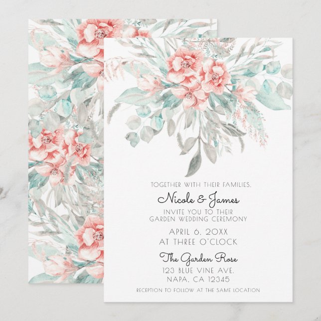 Invitación Suave Floral Verde Primavera Elegante Boda (Anverso / Reverso)