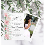 Invitación Suave foto de color de agua floral pastel Sweet 16<br><div class="desc">Celebra el día especial de tu hija con esta suave foto de color pastel floral dulce Sweet 16 con rosas rosadas bonitos y acuarela floral verde,  un guión elegante,  y simplemente agrega tu foto al fondo.</div>
