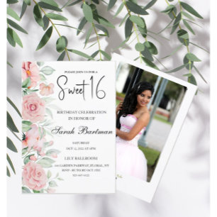 Invitación Suave foto de color de agua floral pastel Sweet 16
