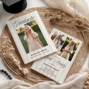 Invitación Suave Graduación Preppy de Rayas Neutras