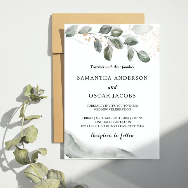 Invitación Suave hoja de acuarela de verdor | Polvo de oro (Subido por el creador)
