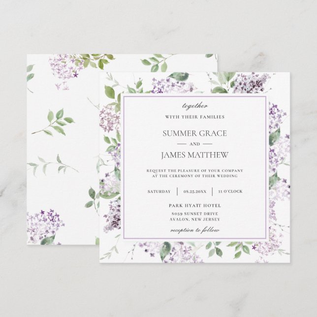 Invitación Suave Lilac Morado Floral Verde Boda Plaza (Anverso / Reverso)
