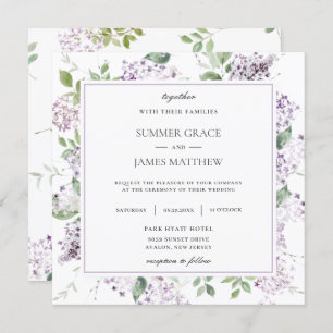 Invitación Suave Lilac Morado Floral Verde Boda Plaza