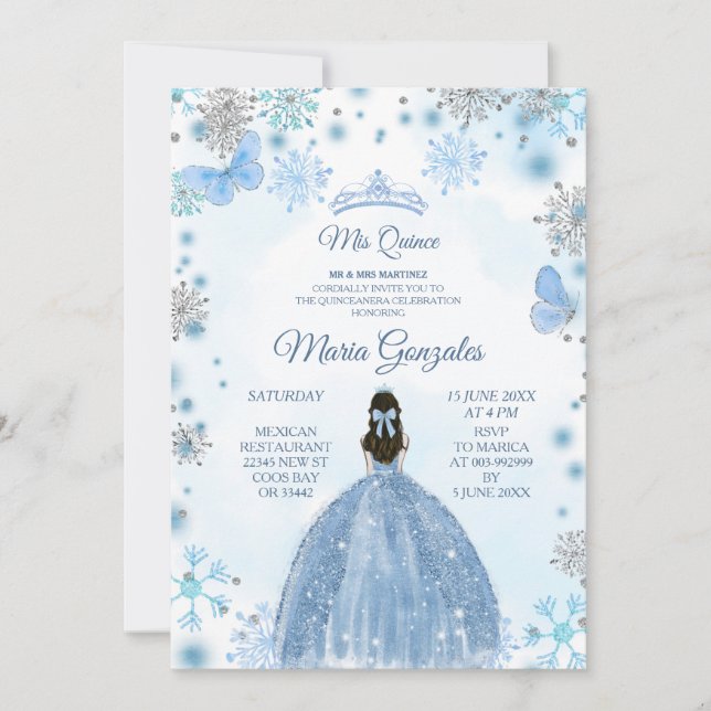 Invitación Suave Mariposa Azul y Dulce Temporada De Invierno  (Anverso)