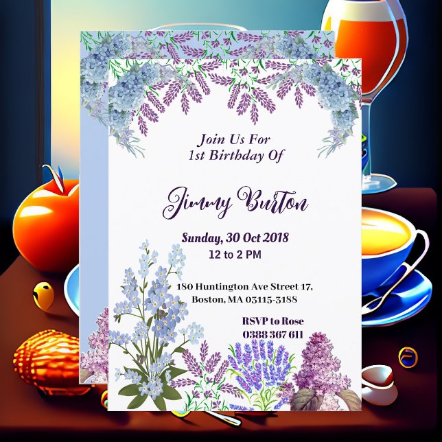 Invitación Suave Pastel Azul Hydrangea Púrpura Lilac Cumpleañ (Soft Pastel Blue Hydrangea Purple Lilac Birthday Invitation)