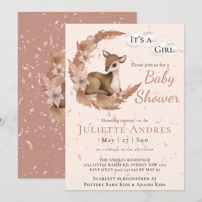 Invitación Suave Pastel Bambi Flores nubes polvo Baby Shower (Anverso / Reverso)