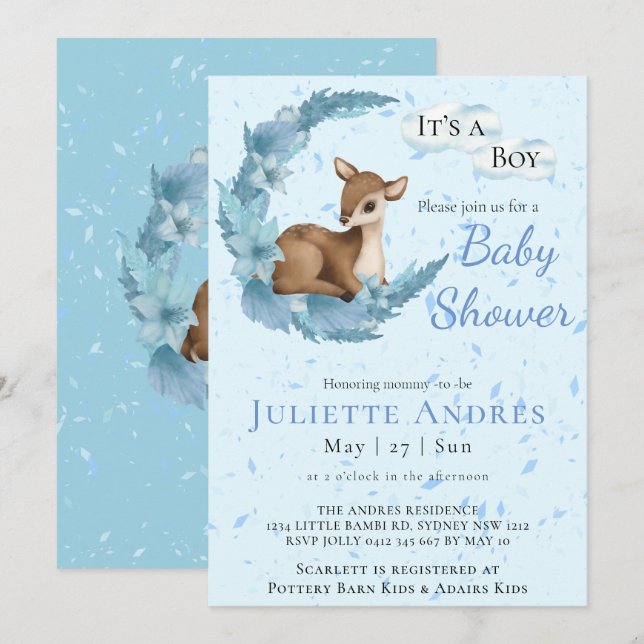 Invitación Suave Pastel Bambi Flores nubes polvo Baby Shower (Anverso / Reverso)